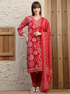 Embroidered & Printed Cotton Kurta With Pant And Dupatta, Red - Hiral Fashion - Distacart
