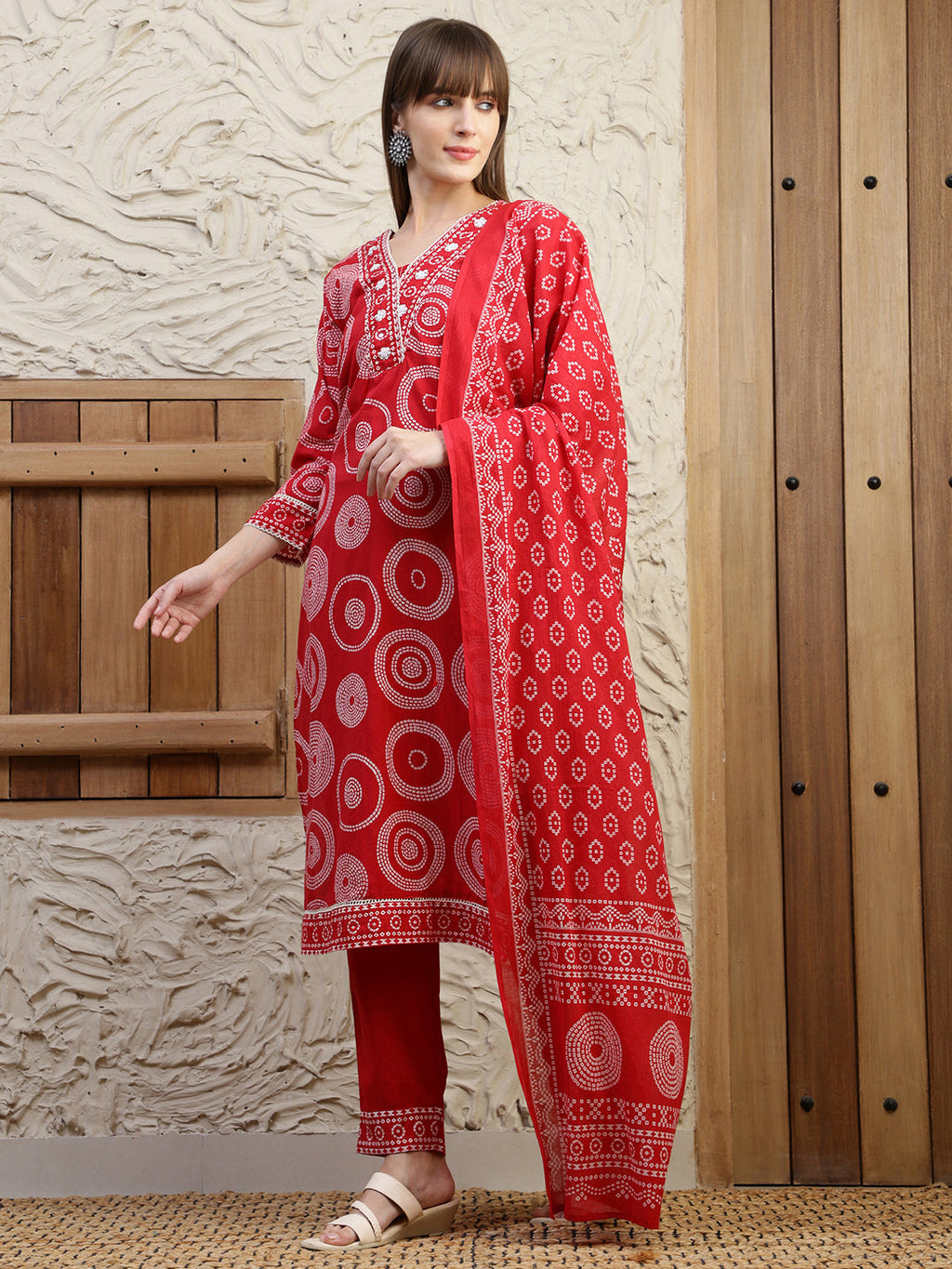 Embroidered & Printed Cotton Kurta With Pant And Dupatta, Red - Hiral Fashion - Distacart