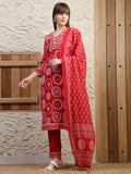 Embroidered & Printed Cotton Kurta With Pant And Dupatta, Red - Hiral Fashion - Distacart