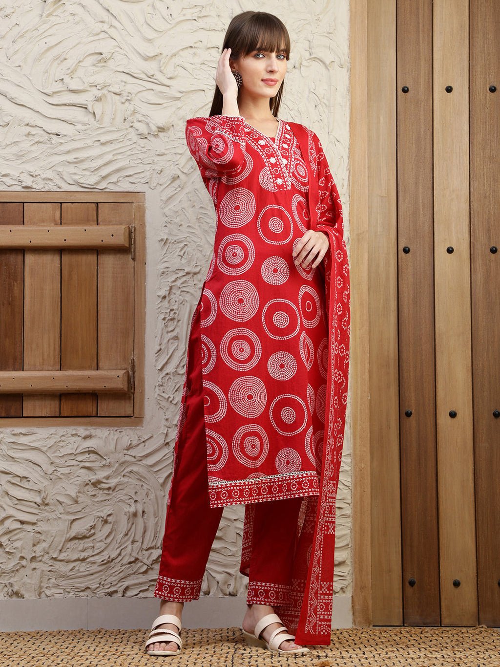 Embroidered & Printed Cotton Kurta With Pant And Dupatta, Red - Hiral Fashion - Distacart