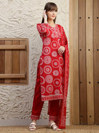 Embroidered & Printed Cotton Kurta With Pant And Dupatta, Red - Hiral Fashion - Distacart