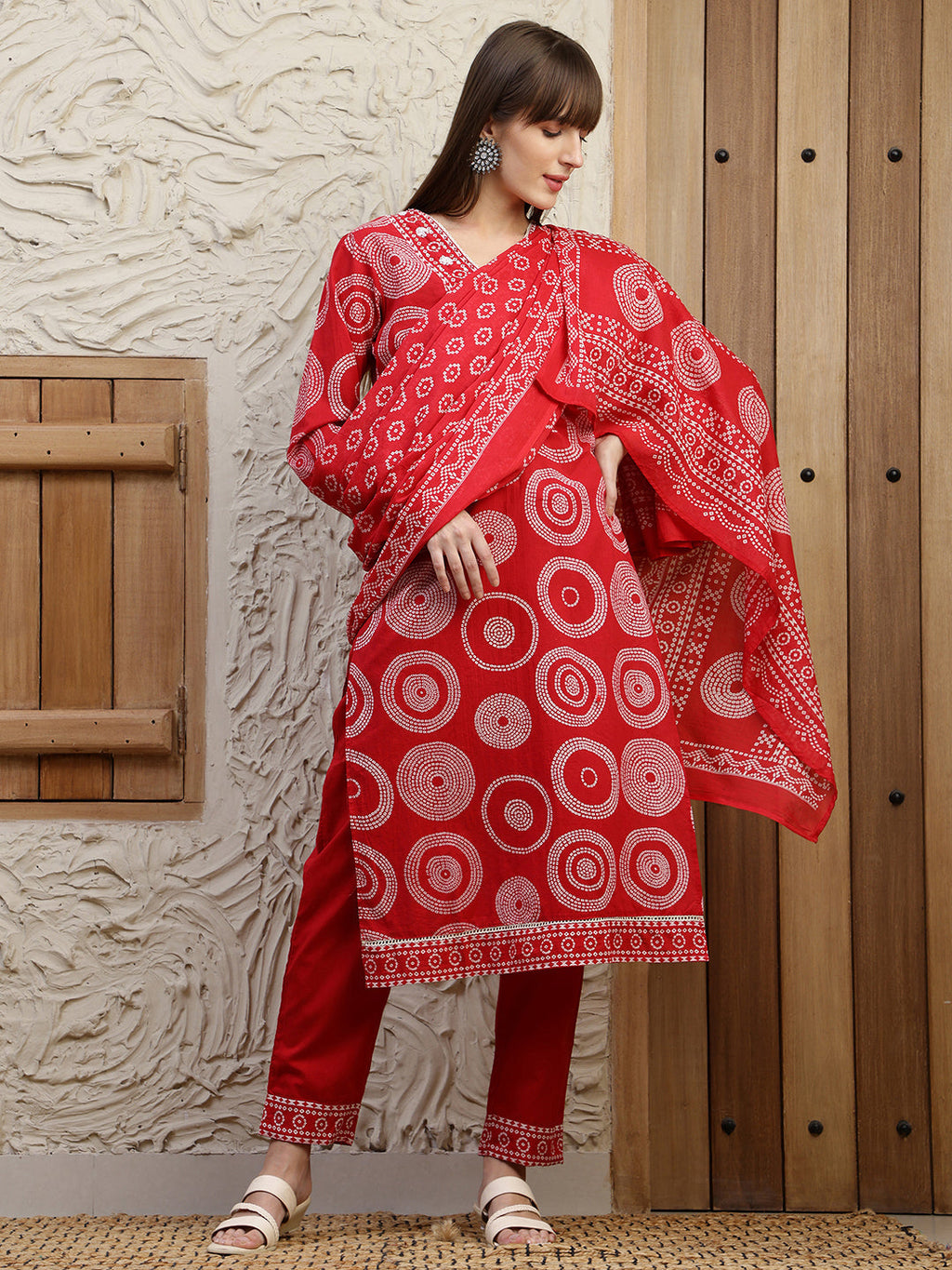 Embroidered & Printed Cotton Kurta With Pant And Dupatta, Red - Hiral Fashion - Distacart
