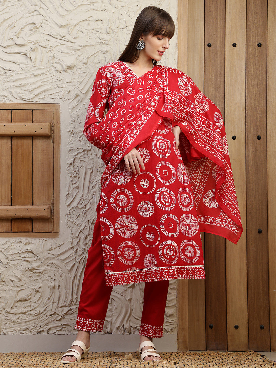 Embroidered & Printed Cotton Kurta With Pant And Dupatta, Red - Hiral Fashion - Distacart