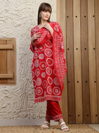 Embroidered & Printed Cotton Kurta With Pant And Dupatta, Red - Hiral Fashion - Distacart