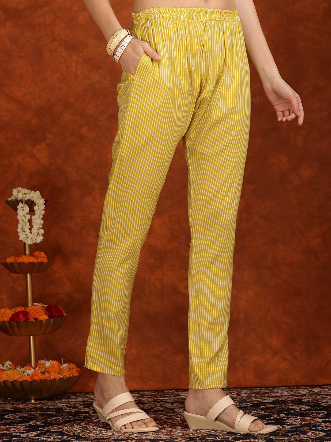 Embroidered & Printed Cotton Kurta With Pant And Dupatta, Yellow - Hiral Fashion - Distacart