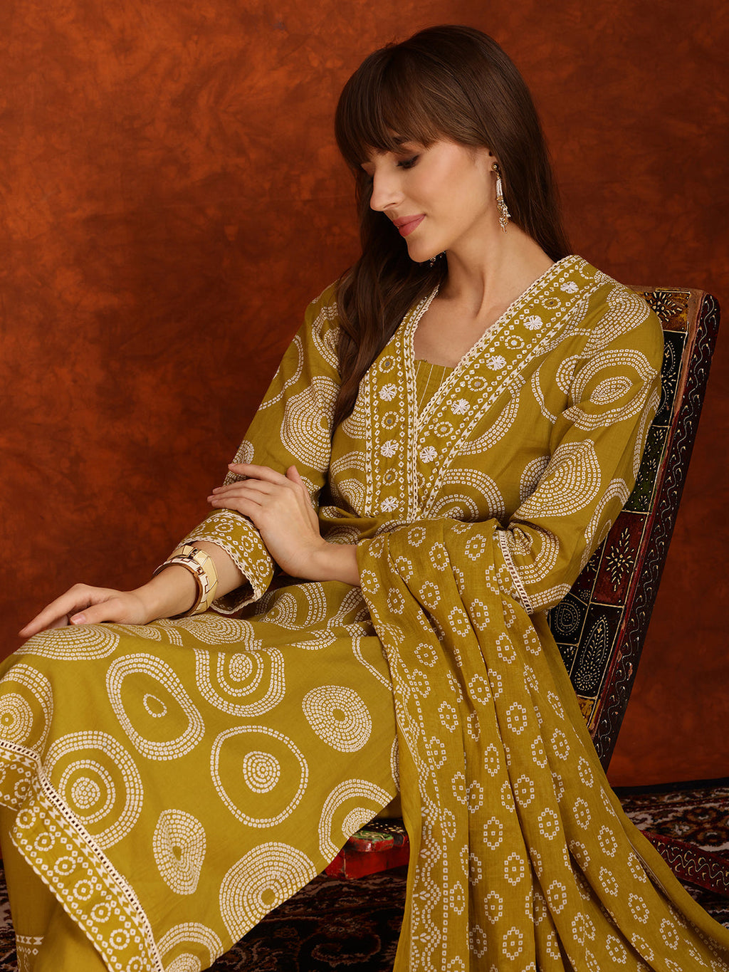 Embroidered & Printed Cotton Kurta With Pant And Dupatta, Yellow - Hiral Fashion - Distacart