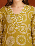 Embroidered & Printed Cotton Kurta With Pant And Dupatta, Yellow - Hiral Fashion - Distacart