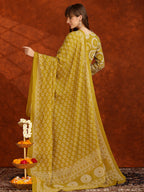 Embroidered & Printed Cotton Kurta With Pant And Dupatta, Yellow - Hiral Fashion - Distacart