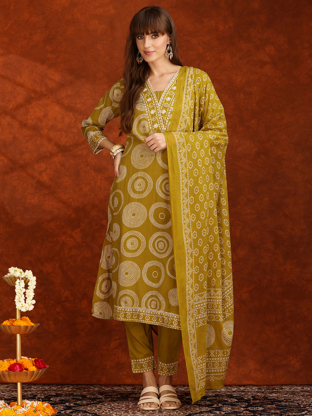 Embroidered & Printed Cotton Kurta With Pant And Dupatta, Yellow - Hiral Fashion - Distacart