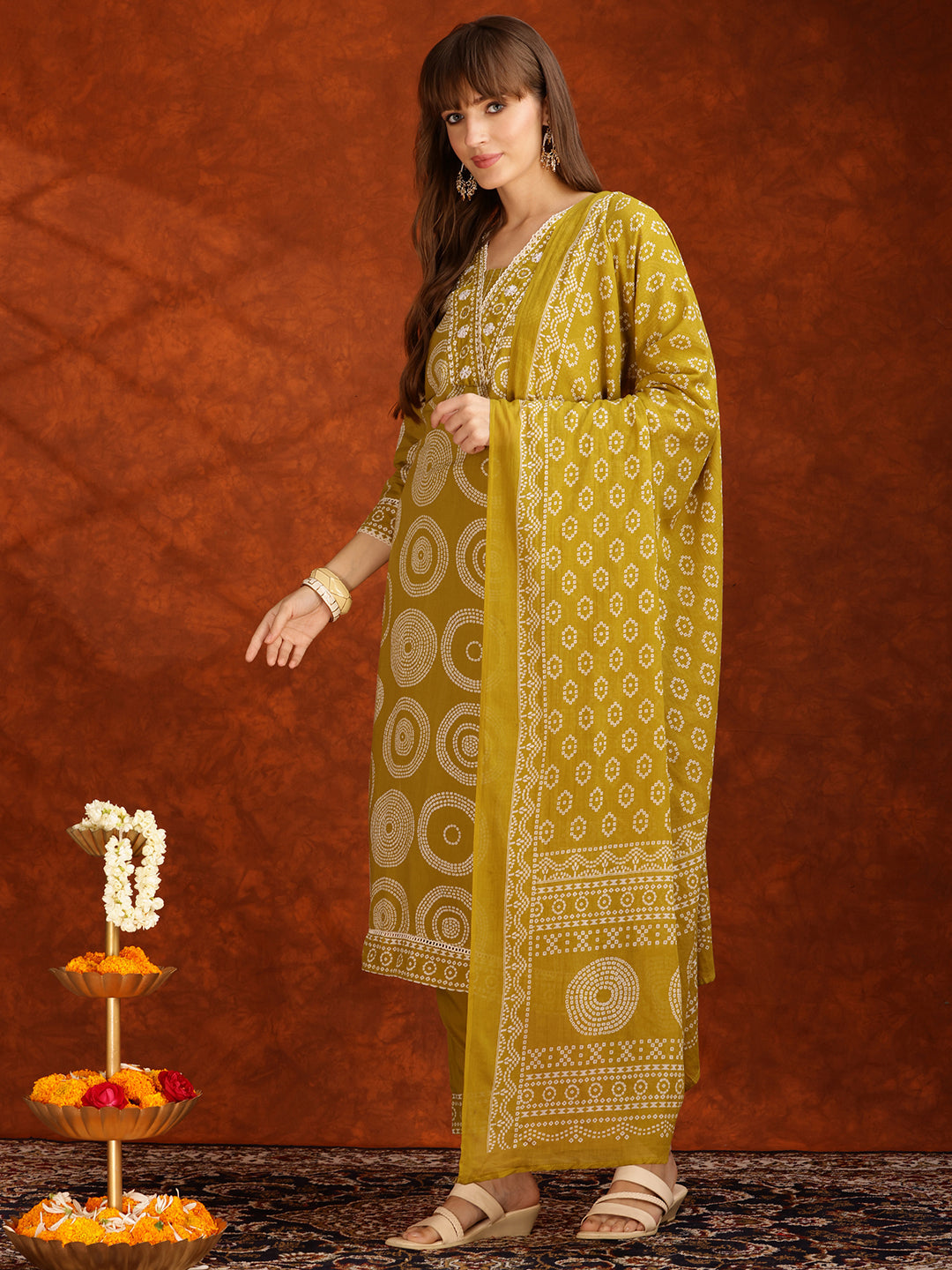 Embroidered & Printed Cotton Kurta With Pant And Dupatta, Yellow - Hiral Fashion - Distacart