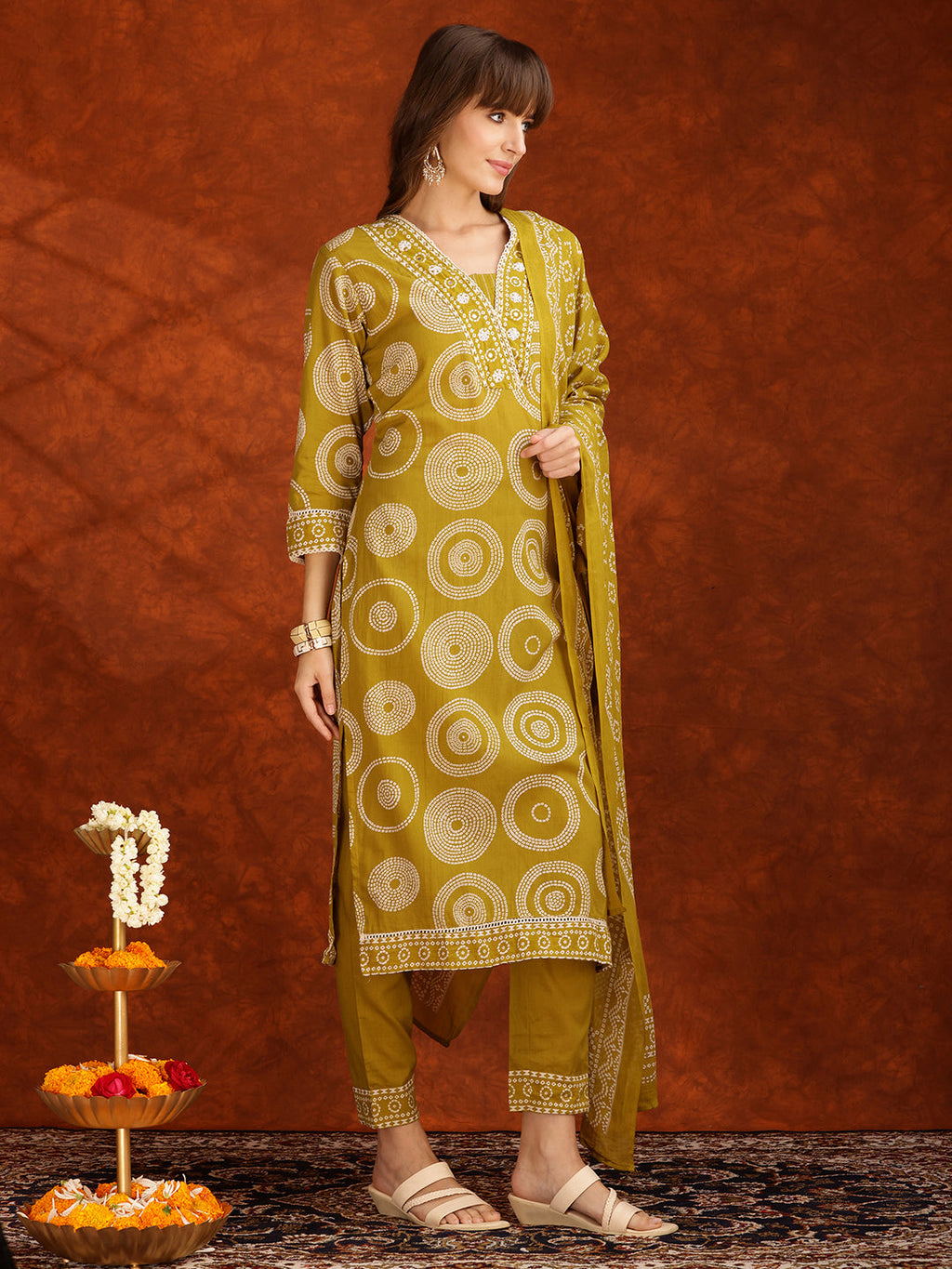 Embroidered & Printed Cotton Kurta With Pant And Dupatta, Yellow - Hiral Fashion - Distacart