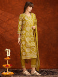 Embroidered & Printed Cotton Kurta With Pant And Dupatta, Yellow - Hiral Fashion - Distacart