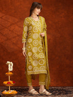Embroidered & Printed Cotton Kurta With Pant And Dupatta, Yellow - Hiral Fashion - Distacart