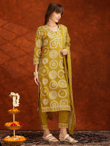 Embroidered & Printed Cotton Kurta With Pant And Dupatta, Yellow - Hiral Fashion