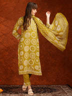 Embroidered & Printed Cotton Kurta With Pant And Dupatta, Yellow - Hiral Fashion - Distacart