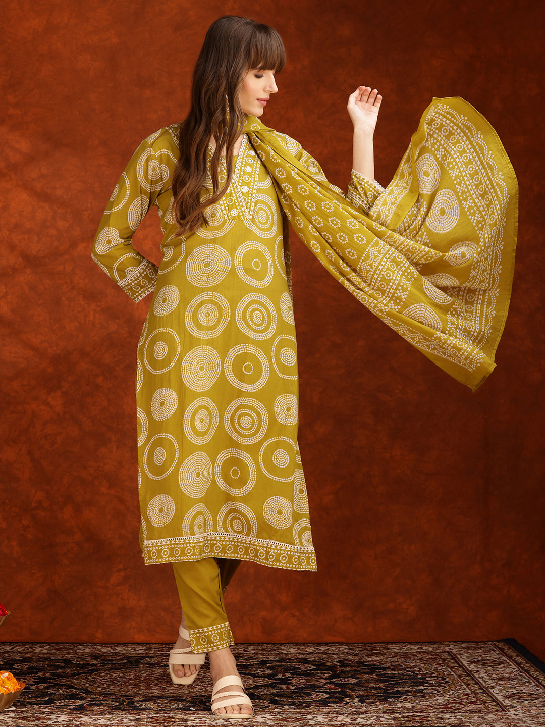 Embroidered & Printed Cotton Kurta With Pant And Dupatta, Yellow - Hiral Fashion - Distacart