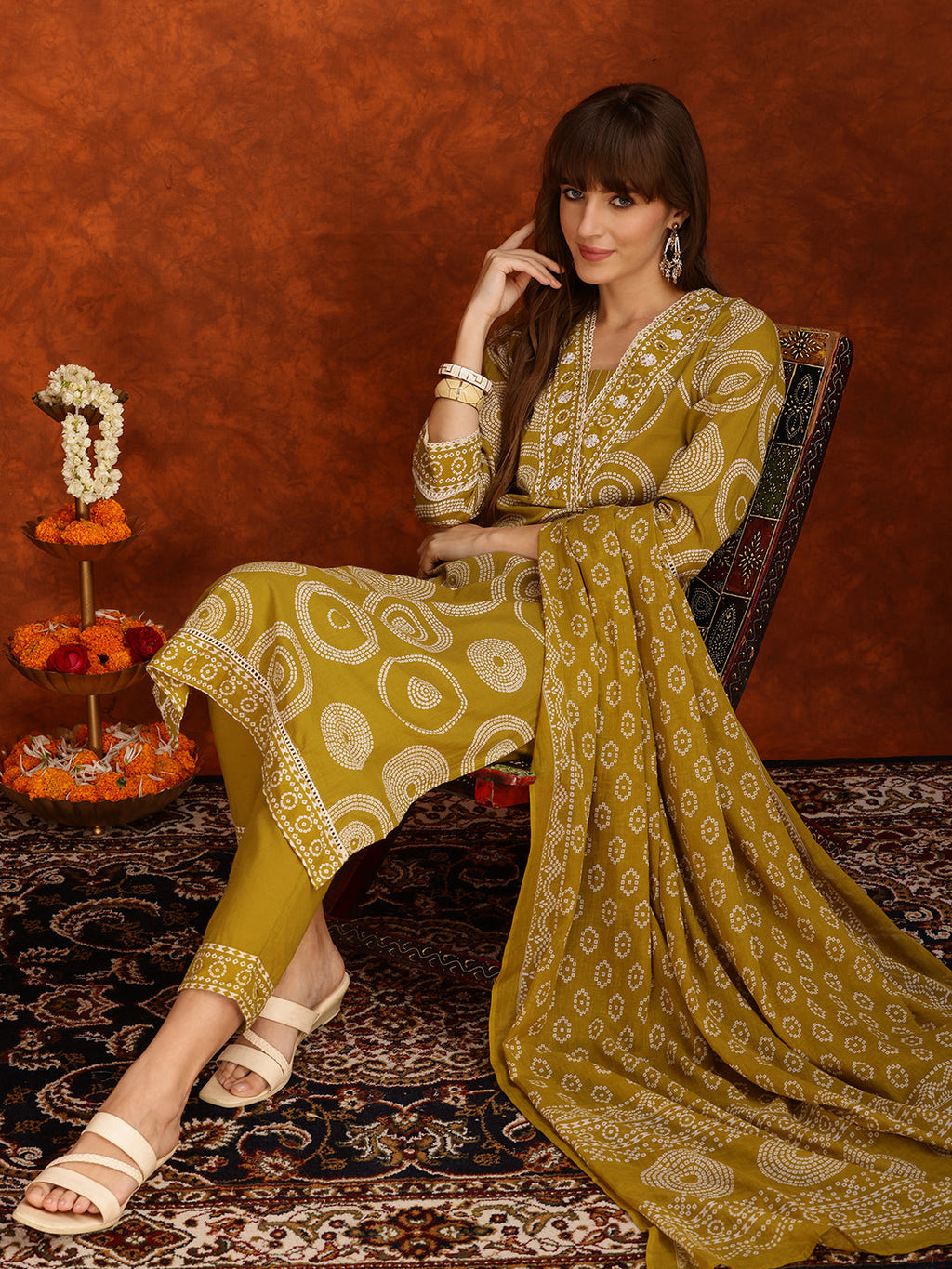 Embroidered & Printed Cotton Kurta With Pant And Dupatta, Yellow - Hiral Fashion - Distacart