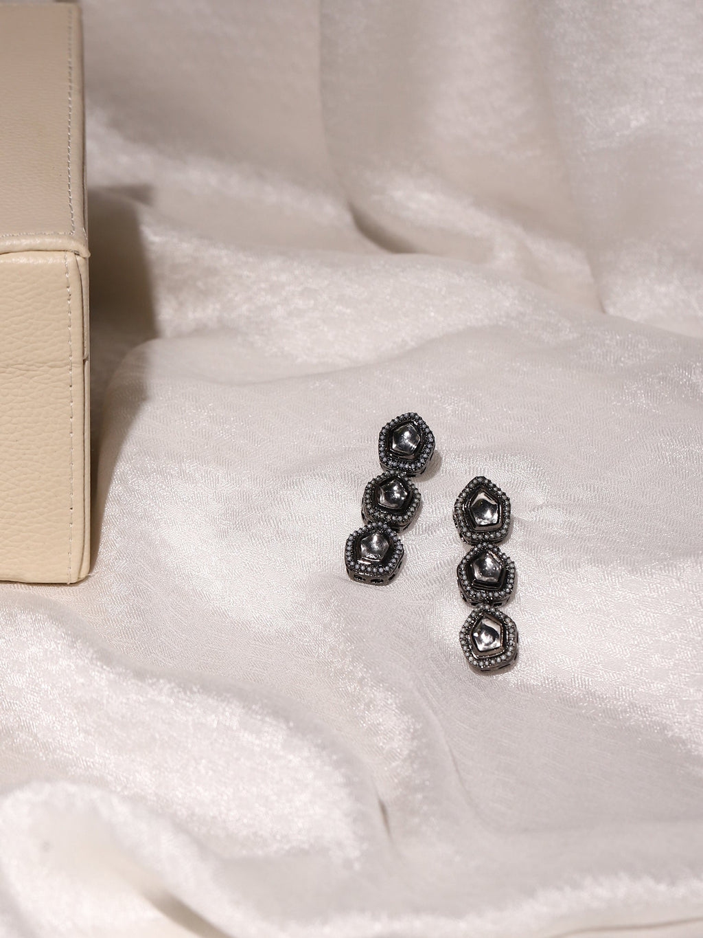 Black Geometric Kundan Drop Earrings - Ruby Raang - Distacart