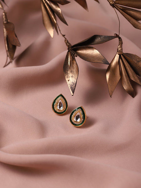 Green Gold-Polished Teardrop Shaped Studs Earrings - Ruby Raang