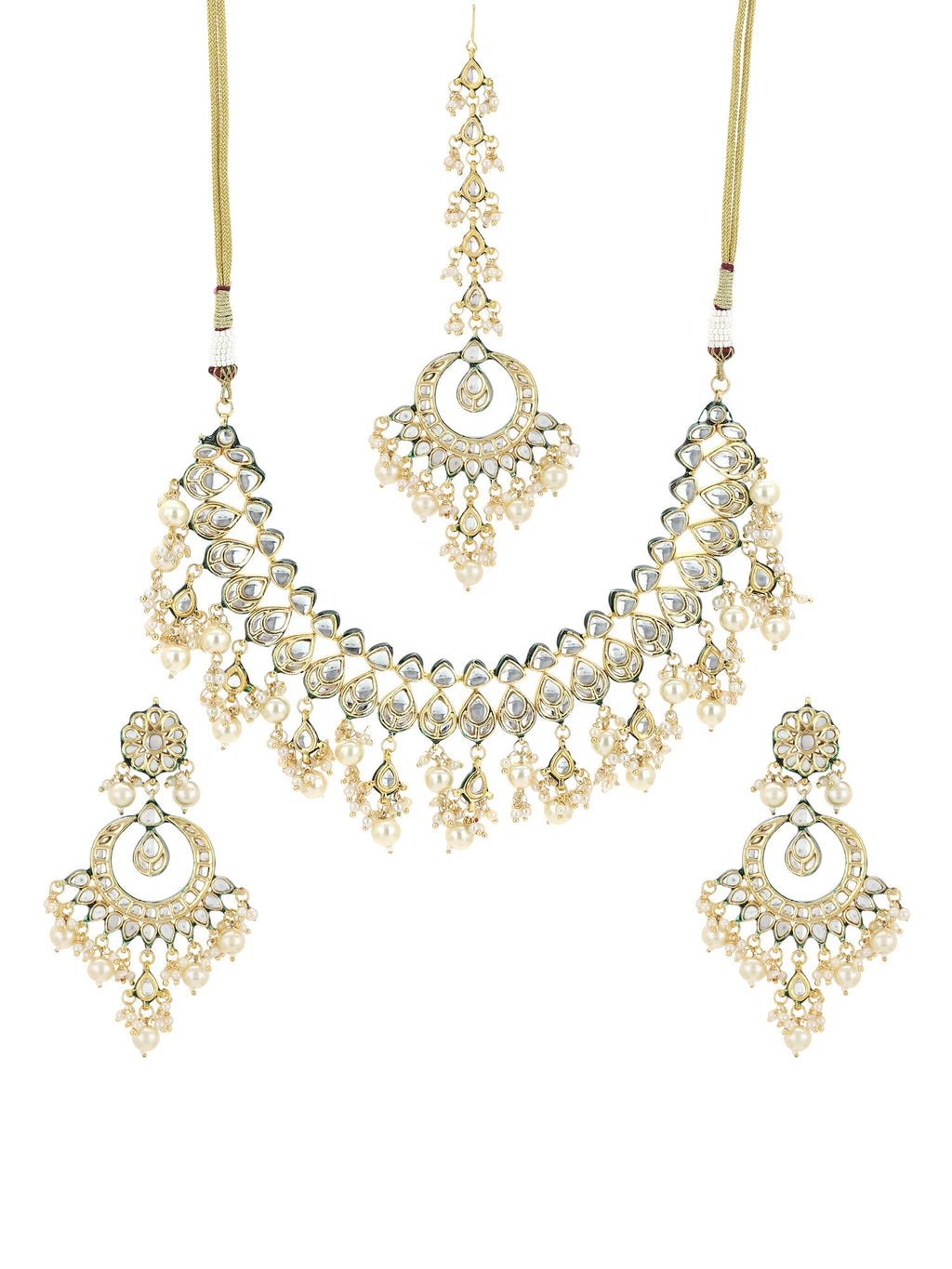 Gold-Plated Green Kundan-Studded Pearl Beaded Jewellery Set - Ruby Raang - Distacart