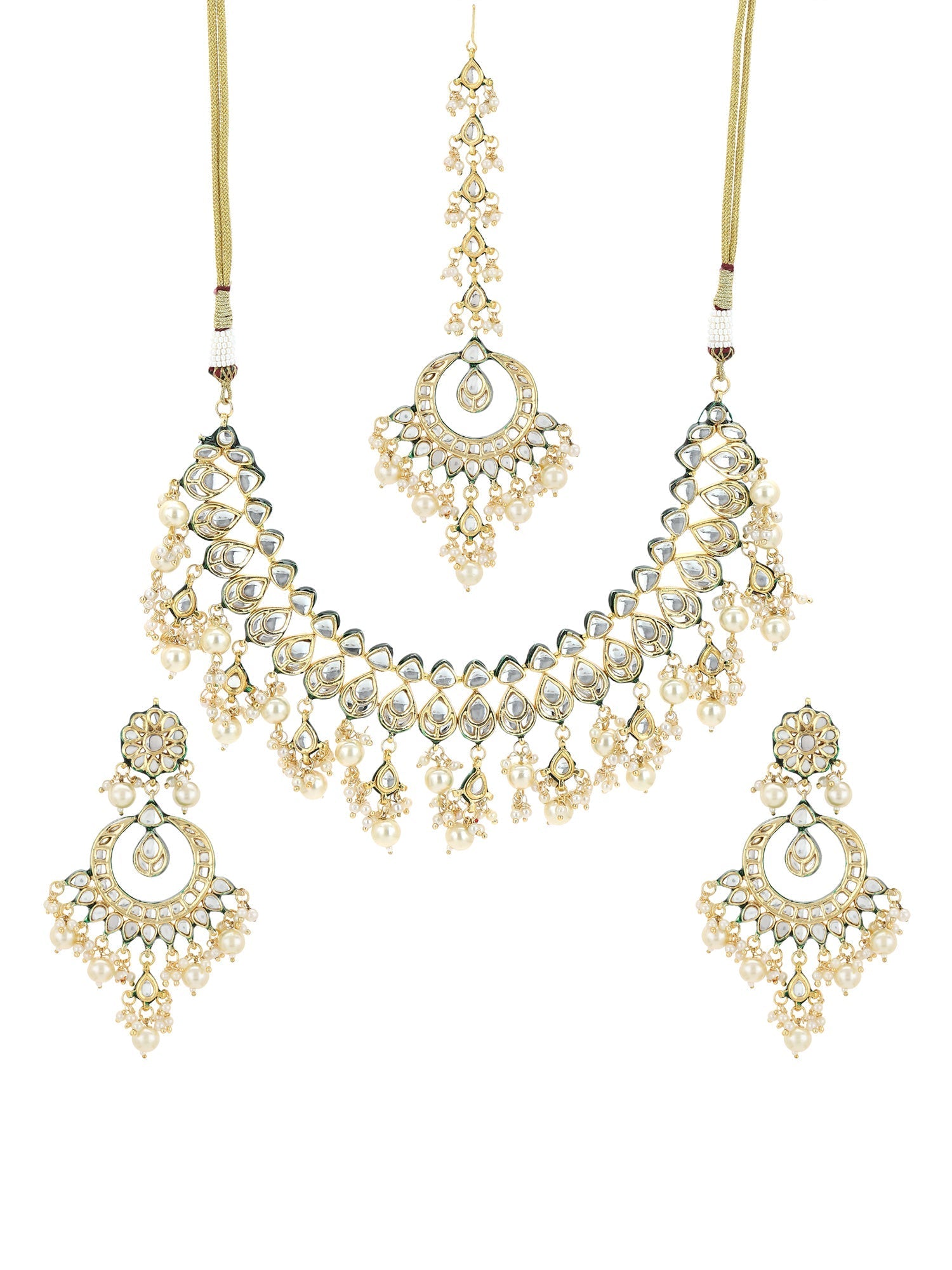 Gold-Plated Green Kundan-Studded Pearl Beaded Jewellery Set - Ruby Raang - Distacart