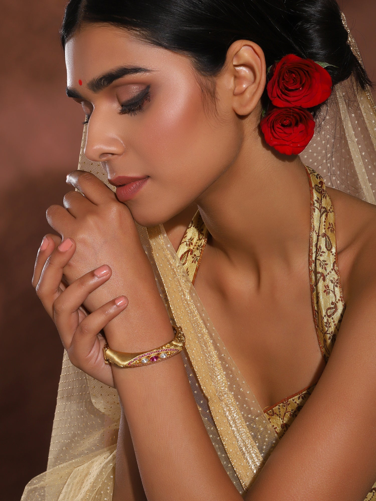 Women's Gold-Toned Pink Brass Kundan Handcrafted Gold-Plated Kada Bracelet - Ruby Raang - Distacart