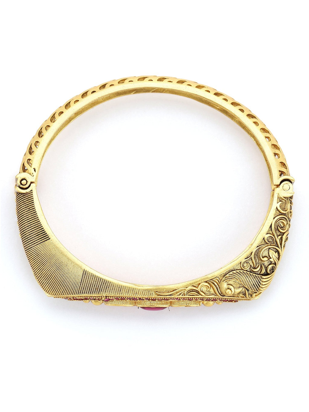 Women's Gold-Toned Pink Brass Kundan Handcrafted Gold-Plated Kada Bracelet - Ruby Raang - Distacart