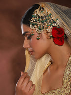 Gold-Plated White Green Kundan-Studded Beaded Jhoomar Passa - Ruby Raang - Distacart