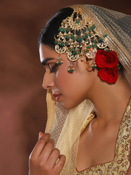 Gold-Polished White Green Kundan-Studded Beaded Jhoomar Passa - Ruby Raang
