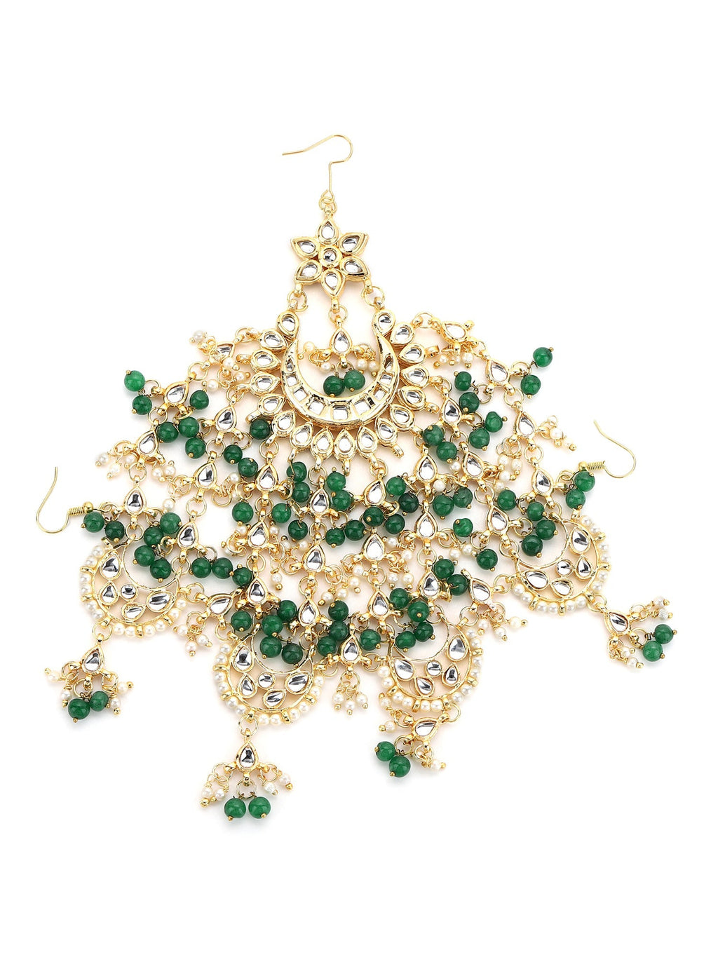 Gold-Plated White Green Kundan-Studded Beaded Jhoomar Passa - Ruby Raang - Distacart