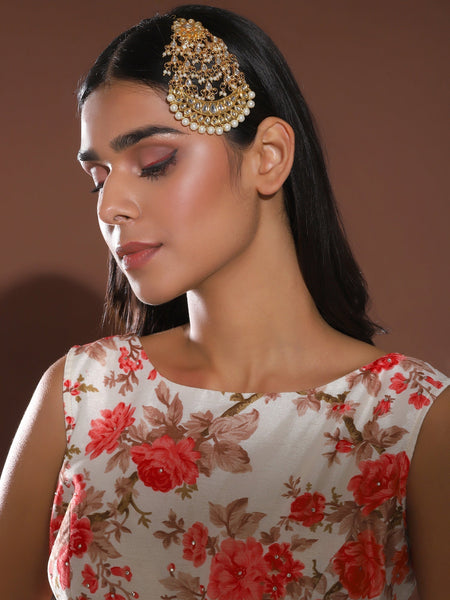 Gold-Polished White Kundan-Studded Beaded Handcrafted Jhumar Passa - Ruby Raang