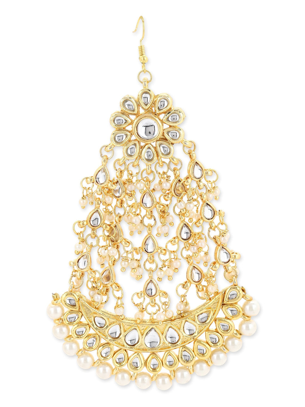 Gold-Plated White Kundan-Studded Beaded Handcrafted Jhumar Passa - Ruby Raang - Distacart