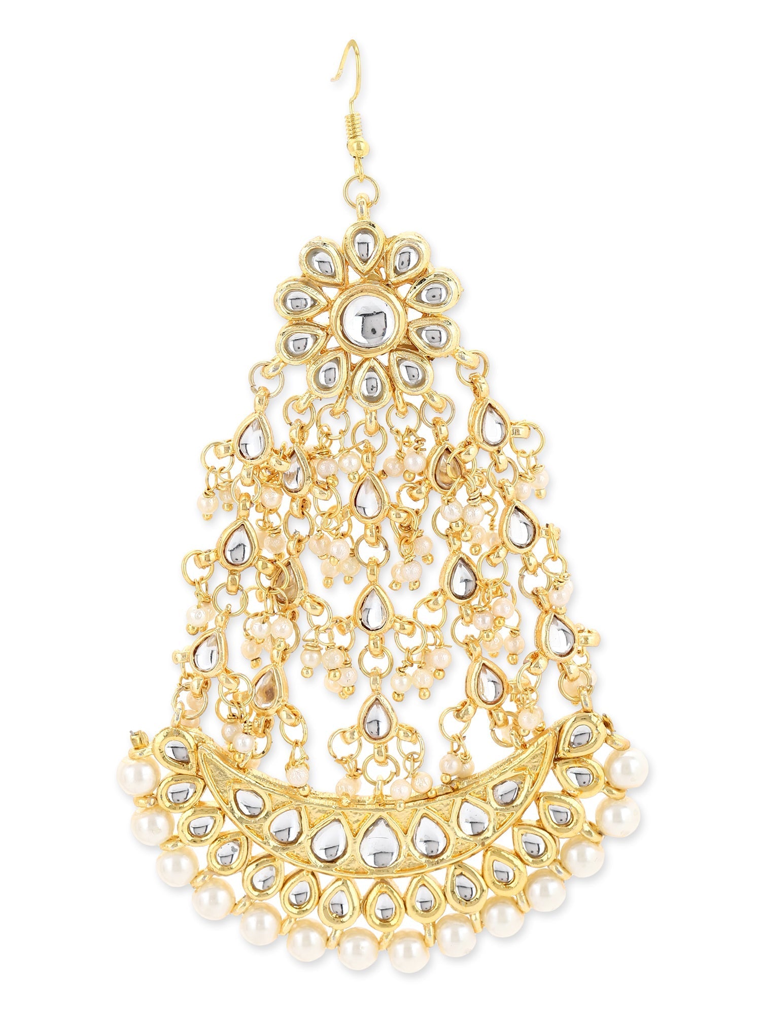 Gold-Plated White Kundan-Studded Beaded Handcrafted Jhumar Passa - Ruby Raang - Distacart