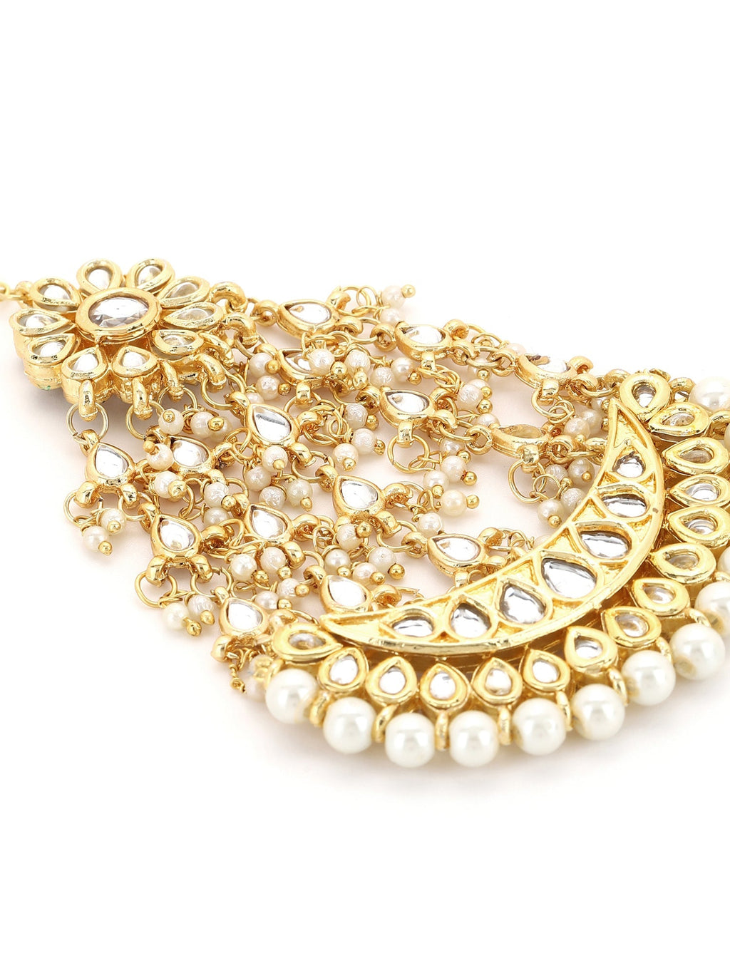 Gold-Plated White Kundan-Studded Beaded Handcrafted Jhumar Passa - Ruby Raang - Distacart