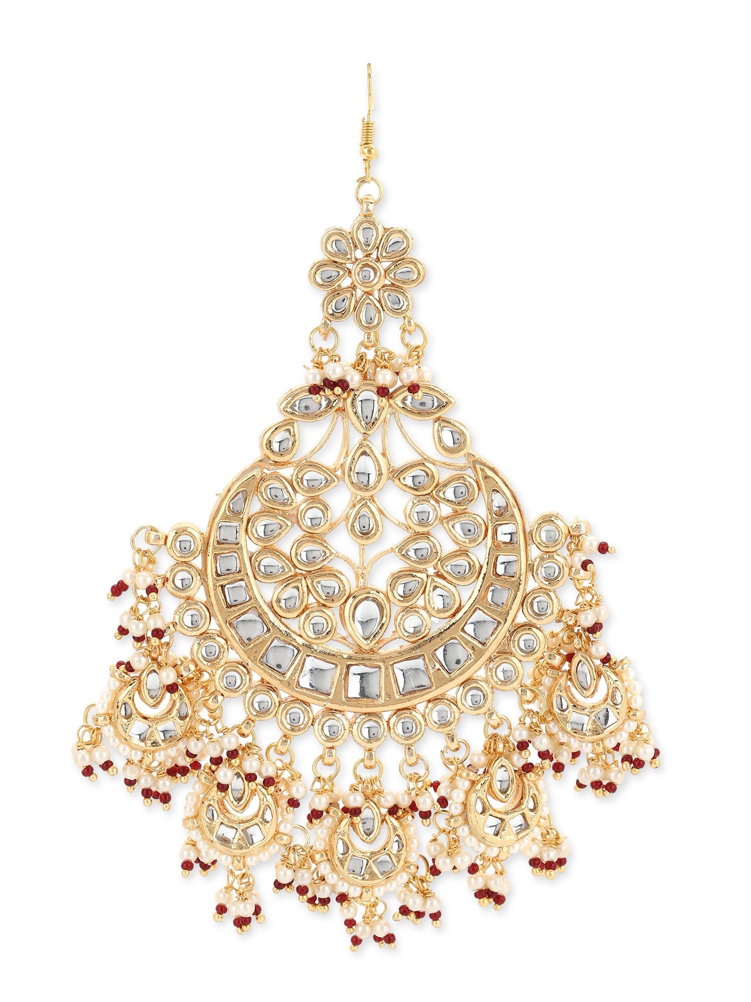 Women's Gold-Plated White Red Kundan-Studded Beaded Jhumar Passa - Ruby Raang - Distacart