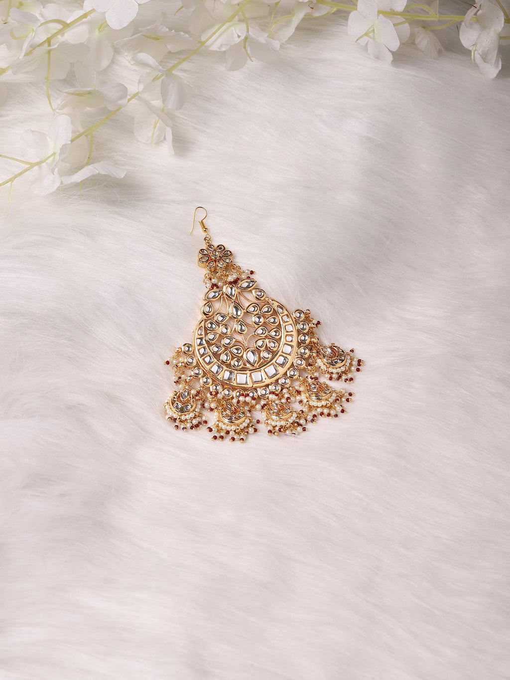 Women's Gold-Plated White Red Kundan-Studded Beaded Jhumar Passa - Ruby Raang - Distacart