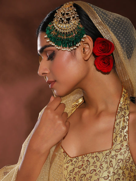 Gold-Polished Green White Kundan-Studded Jhumar Passa - Ruby Raang