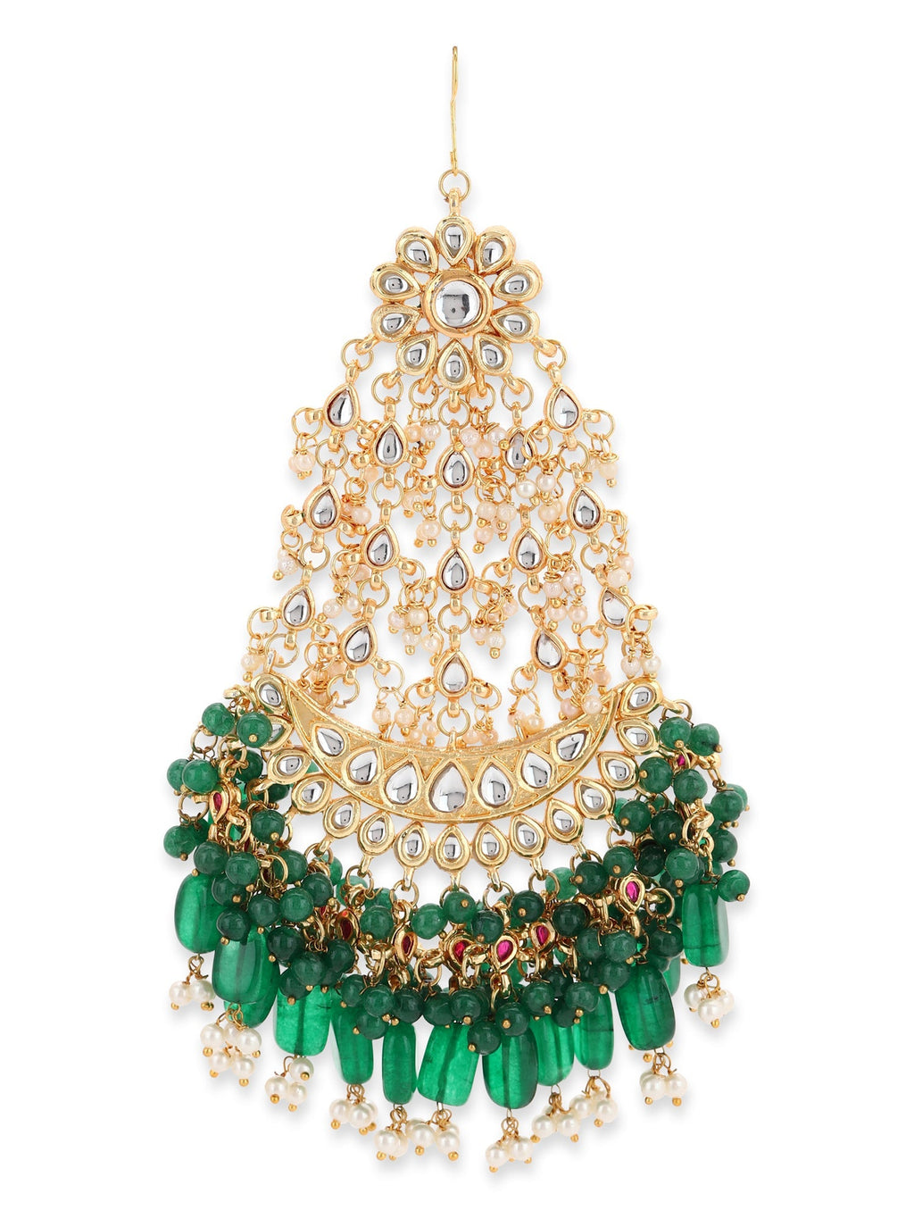 Gold-Plated Green White Kundan-Studded Jhumar Passa - Ruby Raang - Distacart