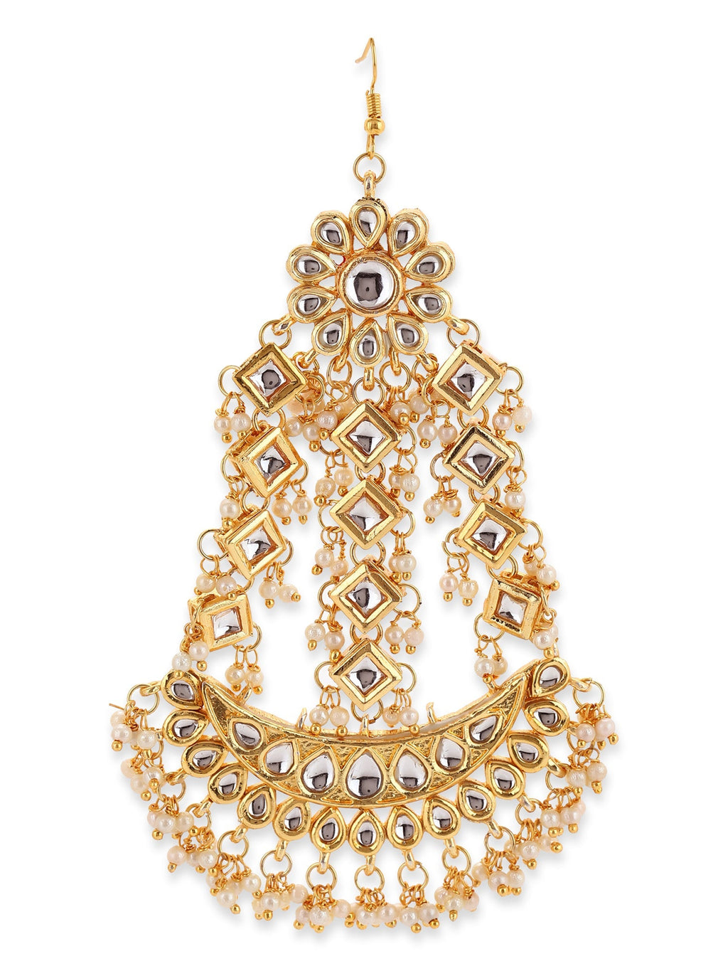 Gold-Plated White Gold Kundan-Studded Beaded Jhoomar Passa - Ruby Raang - Distacart