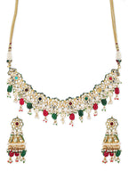 Gold-Plated Green White Kundan Stone-Studded Pearl-Beaded Jewellery Set - Ruby Raang - Distacart