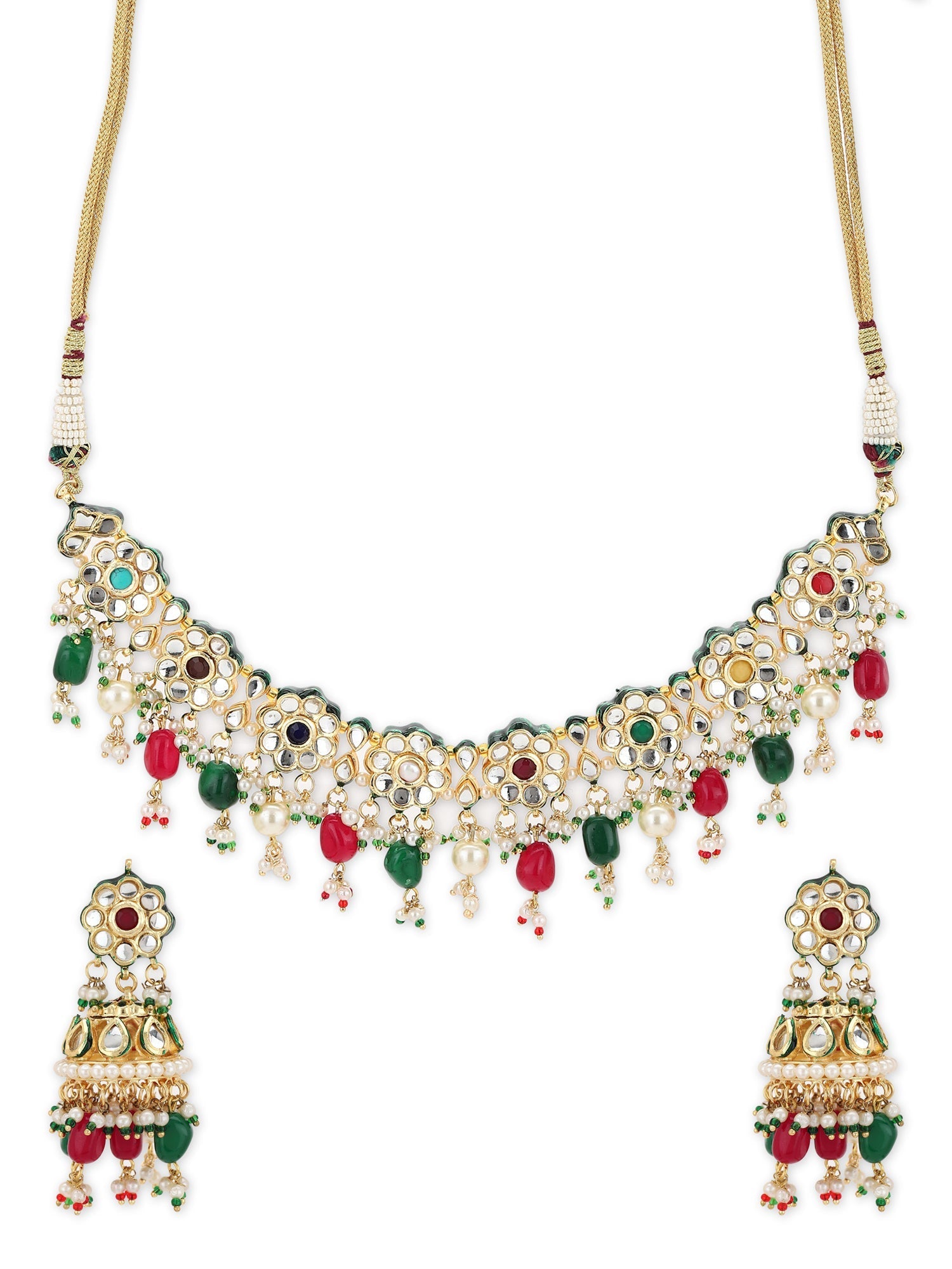 Gold-Plated Green White Kundan Stone-Studded Pearl-Beaded Jewellery Set - Ruby Raang - Distacart