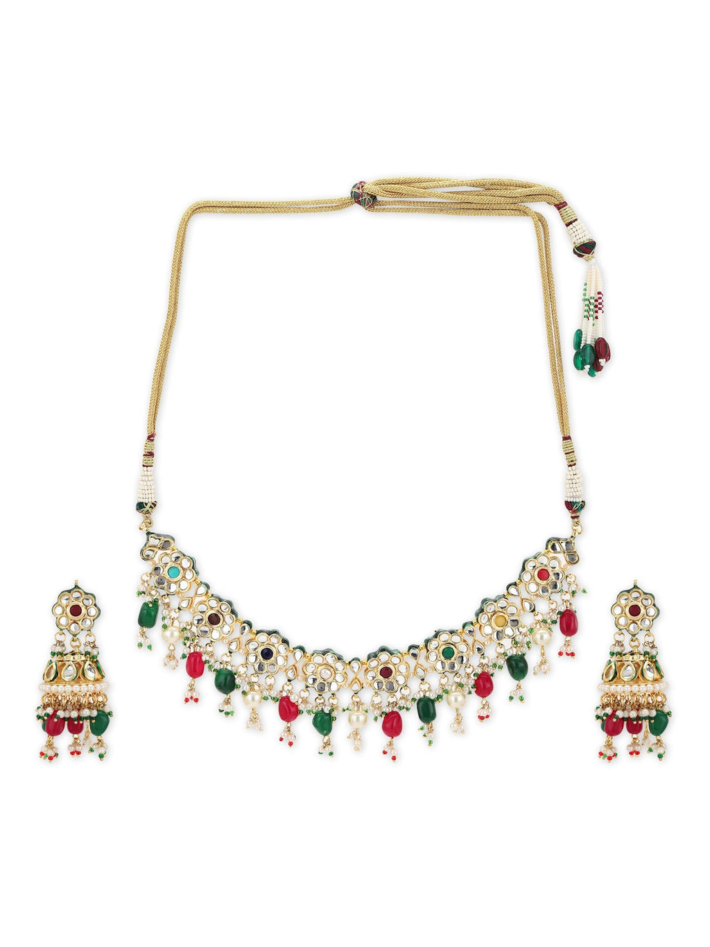 Gold-Plated Green White Kundan Stone-Studded Pearl-Beaded Jewellery Set - Ruby Raang - Distacart