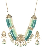 Gold-Plated Blue White Kundan Studded Beaded Jewellery Set - Ruby Raang - Distacart