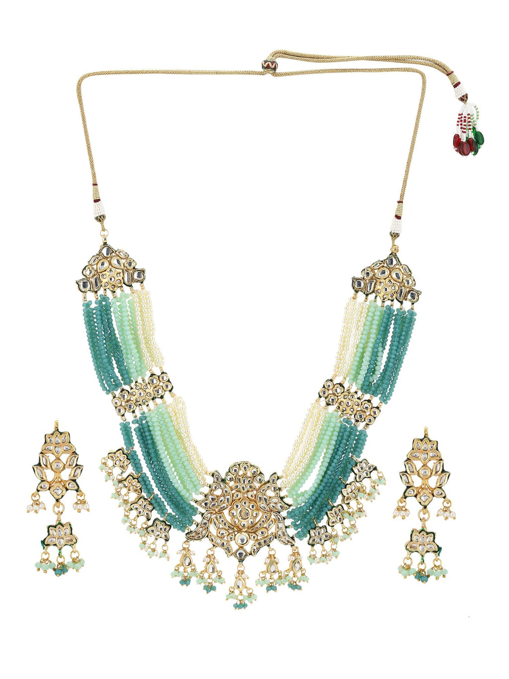 Gold-Plated Blue White Kundan Studded Beaded Jewellery Set - Ruby Raang - Distacart