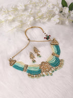 Gold-Plated Blue White Kundan Studded Beaded Jewellery Set - Ruby Raang - Distacart