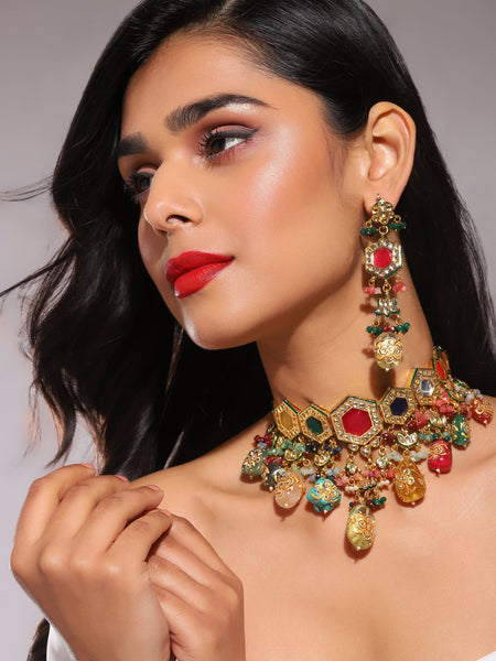 Gold-Polished Multicolored Kundan-Studded Beaded Jewellery Set - Ruby Raang