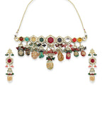 Gold-Plated Multicolored Kundan-Studded Beaded Jewellery Set - Ruby Raang - Distacart