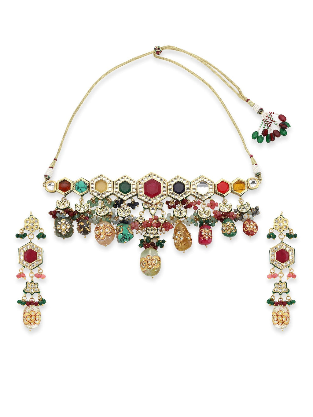 Gold-Plated Multicolored Kundan-Studded Beaded Jewellery Set - Ruby Raang - Distacart