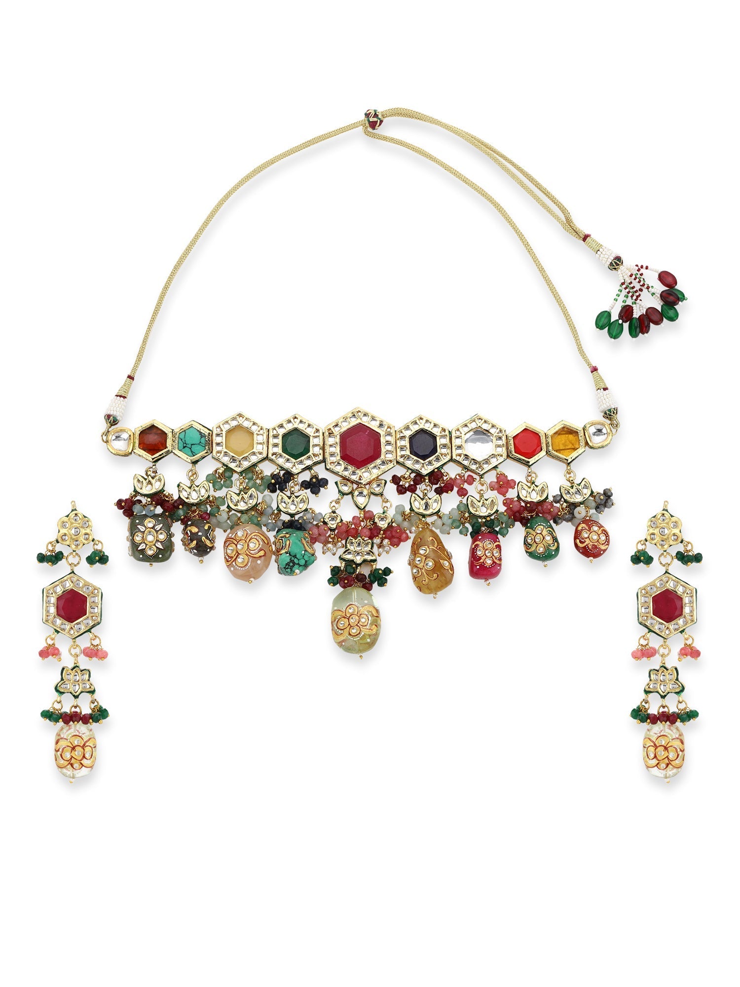 Gold-Plated Multicolored Kundan-Studded Beaded Jewellery Set - Ruby Raang - Distacart