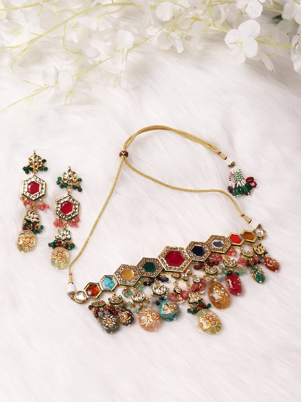 Gold-Plated Multicolored Kundan-Studded Beaded Jewellery Set - Ruby Raang - Distacart